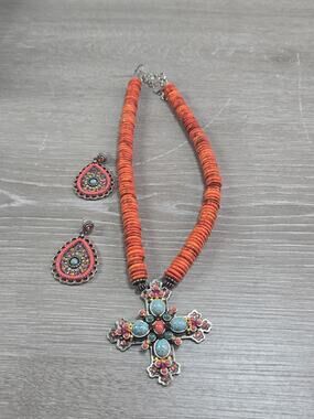 F.A.I.T.H. Large Jeweled & Stone Orange Cross Necklace with Post Earrings HSN
